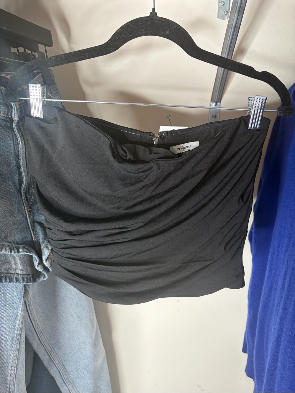 Miaou Black Ruched Strapless top with Side Draping